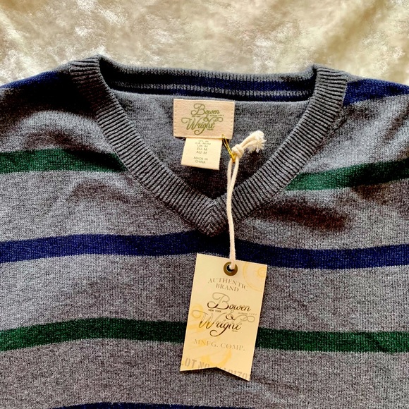 NWT Bowen & Wright V-Neck Sweater - Charcoal Grey with Navy/Forest Green Stripes - Picture 2 of 3